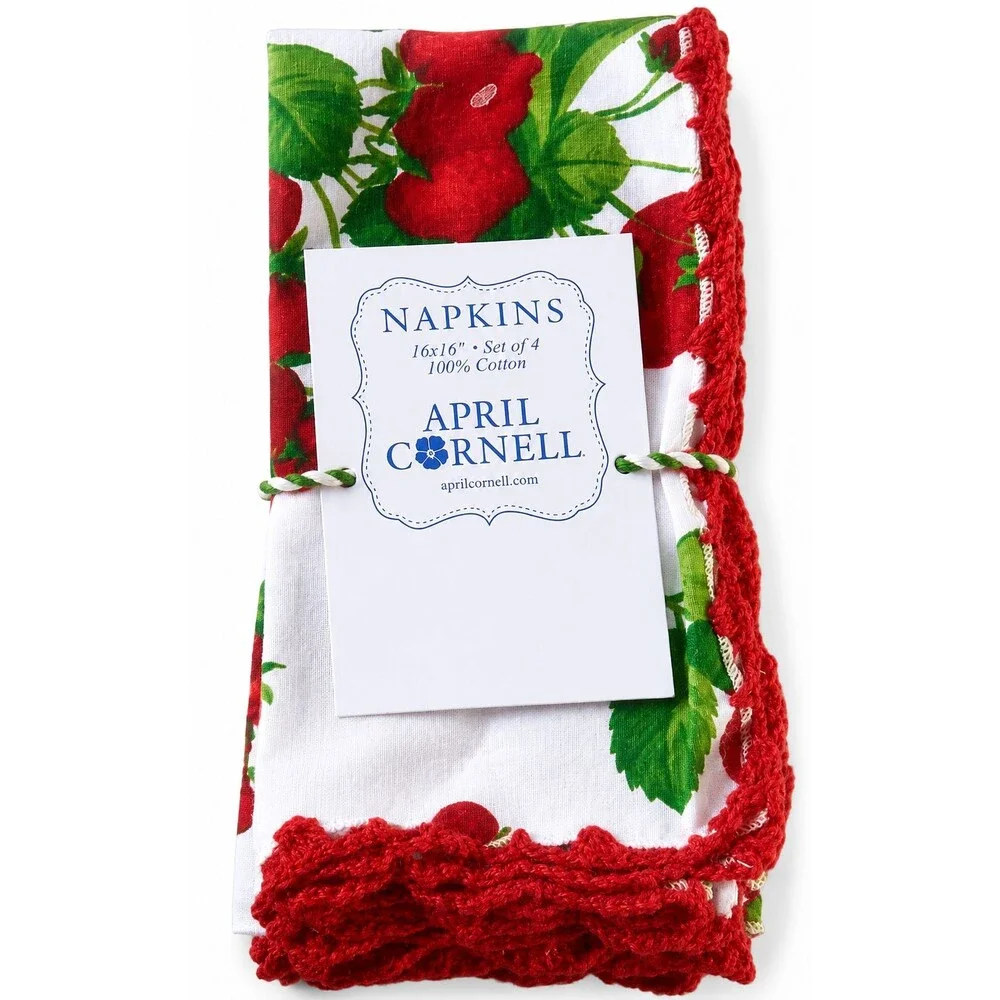 April Cornell White Red Strawberries Napkins Cotton Set of 4 Crocheted Edge